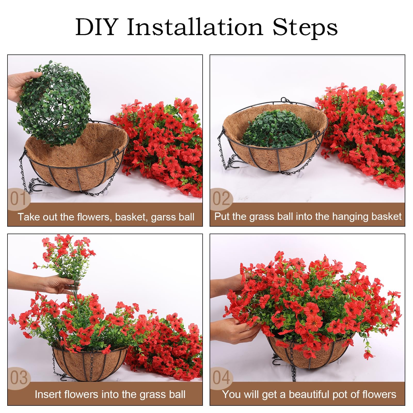 24 Pcs Artficial Outdoor Flowers with Hanging Baskets, 2 Pack Hanging Planter…