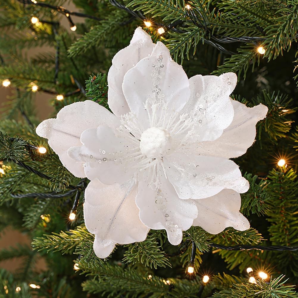 6 PCS White Artificial Poinsettia Magnolia Flowers Velvet Glitter Xmas Decor