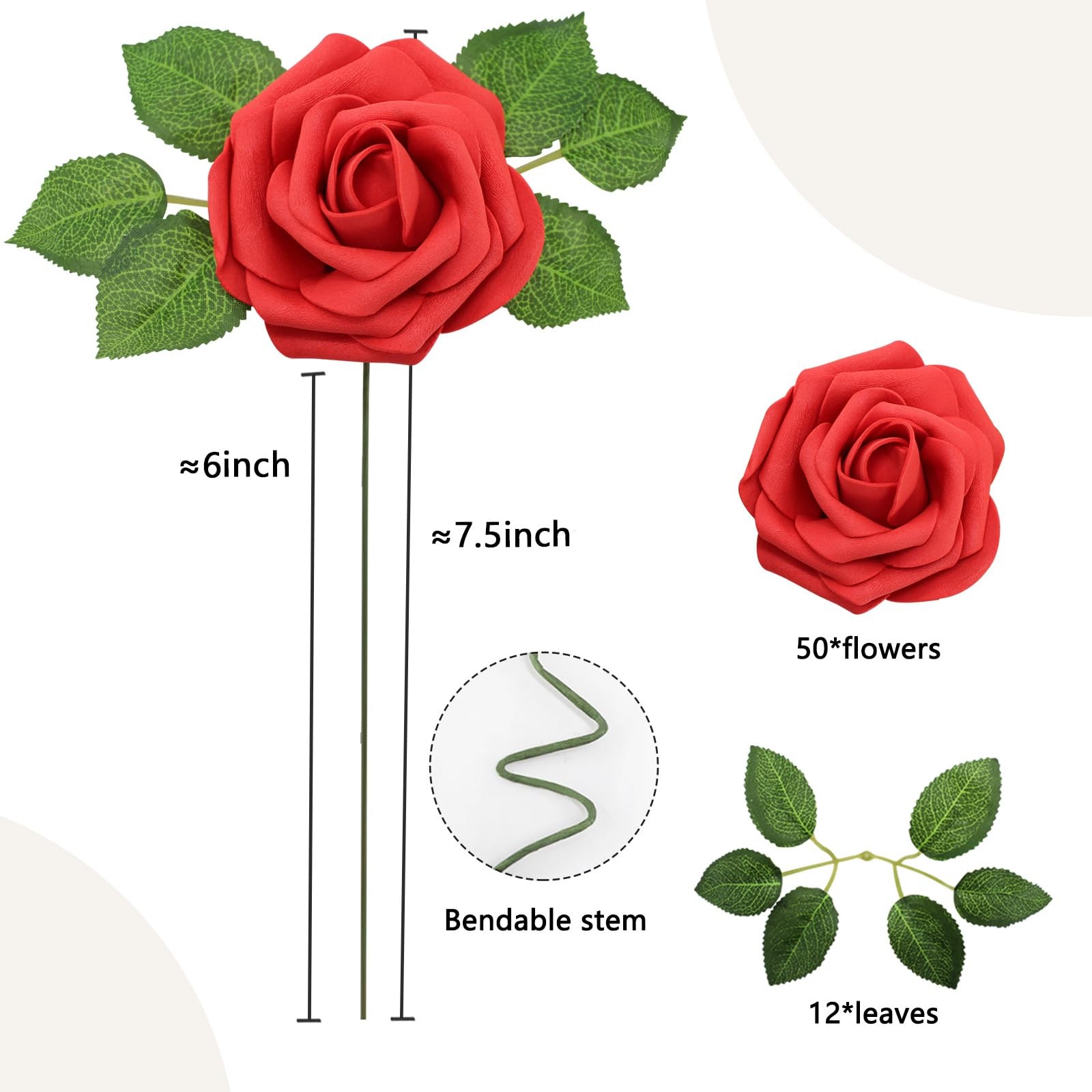 50 PCS Red Real Looking Foam Fake Roses with Leaves for DIY Wedding Bouquets