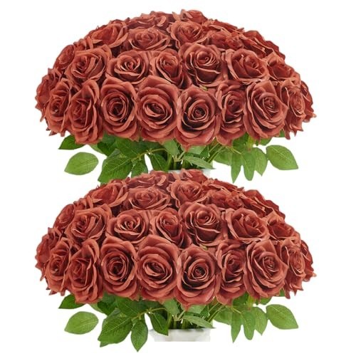 50pcs Burnt Orange Artificial Roses – Realistic Silk Flowers for Wedding, Home &