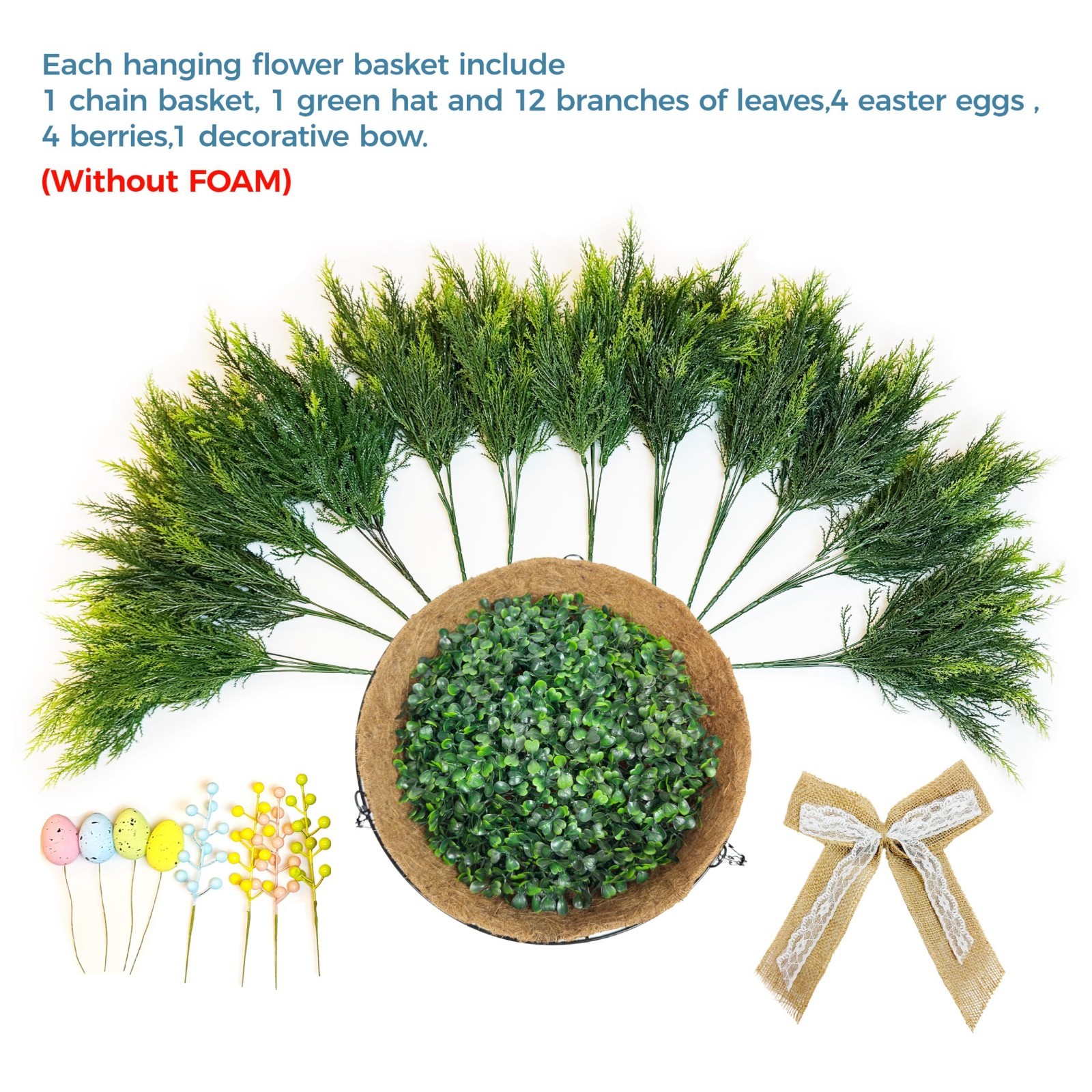 Set of 2 Easter Hanging Flower Baskets, Faux Plant with Cypress Leaves & Eggs fo