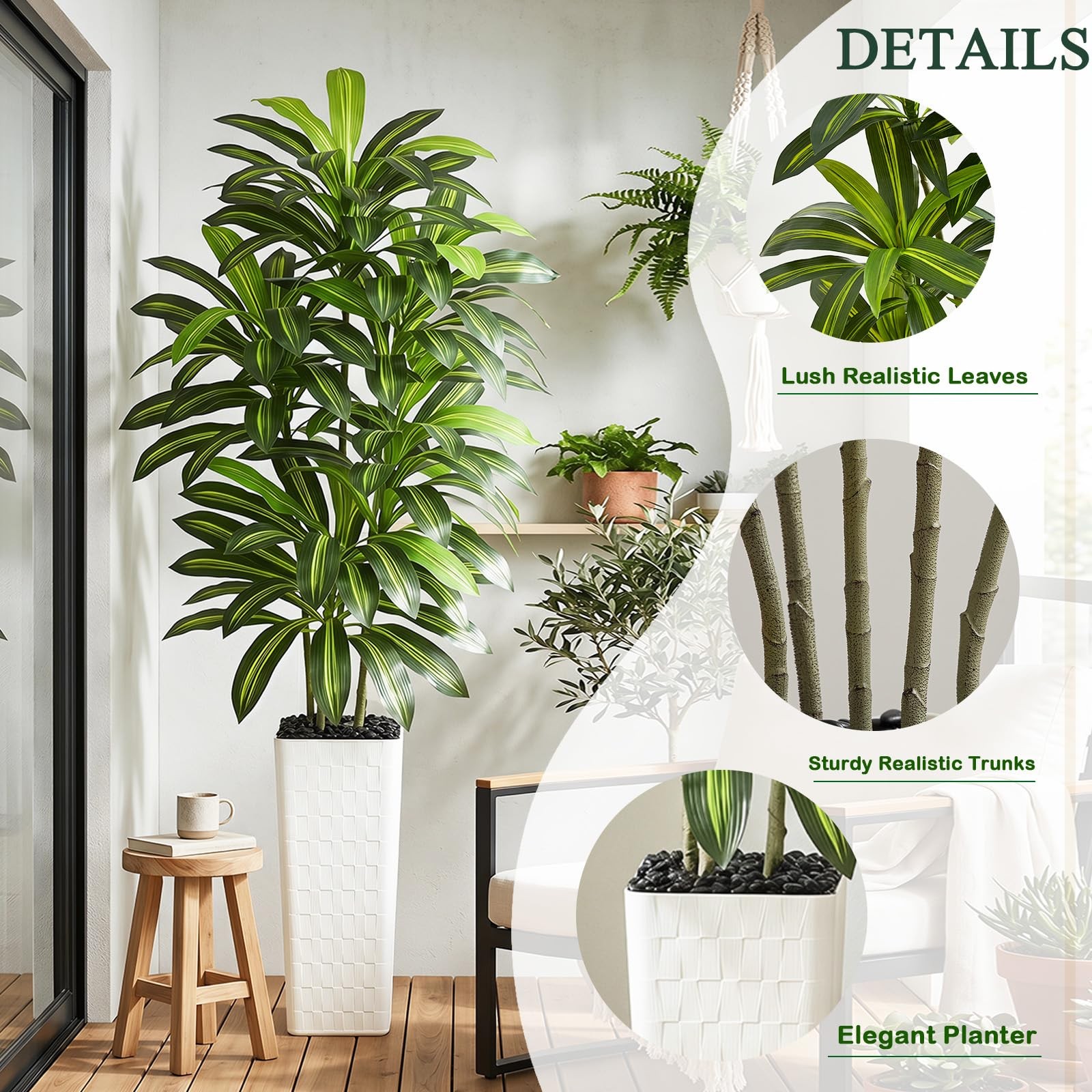 Artificial Dracaena Tree Indoor, 7FT Tall Fake Floor Plants with White Plante…