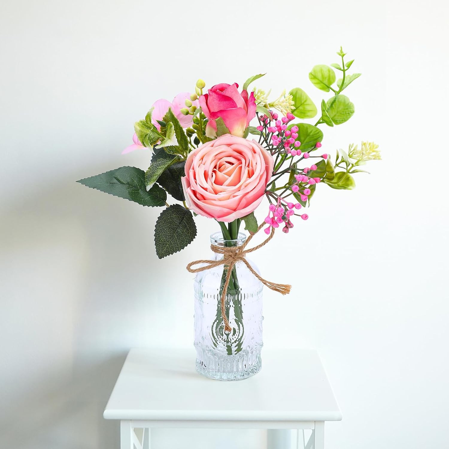 Flowers Bouquet in Small Vase – Pink Rose Artificial Fake Centerpiece Potted