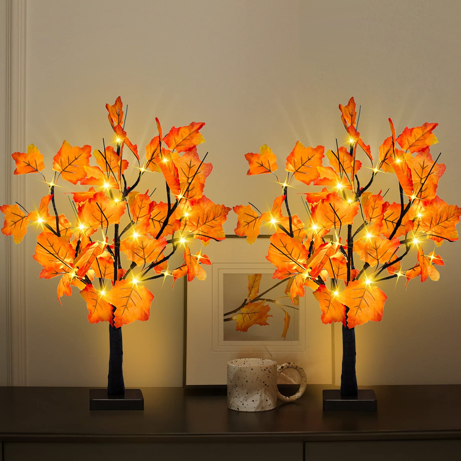 2 Pack 24-inch Fall Lighted Maple Tree, 48 LED Lights, Thanksgiving Decoratio…