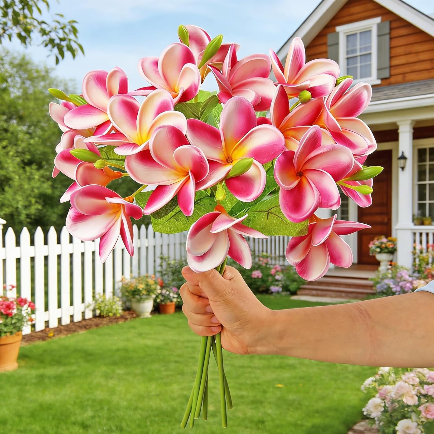 5PCS PU Real Touch Lifelike Artificial Plumeria Frangipani Flower Stems Wedding