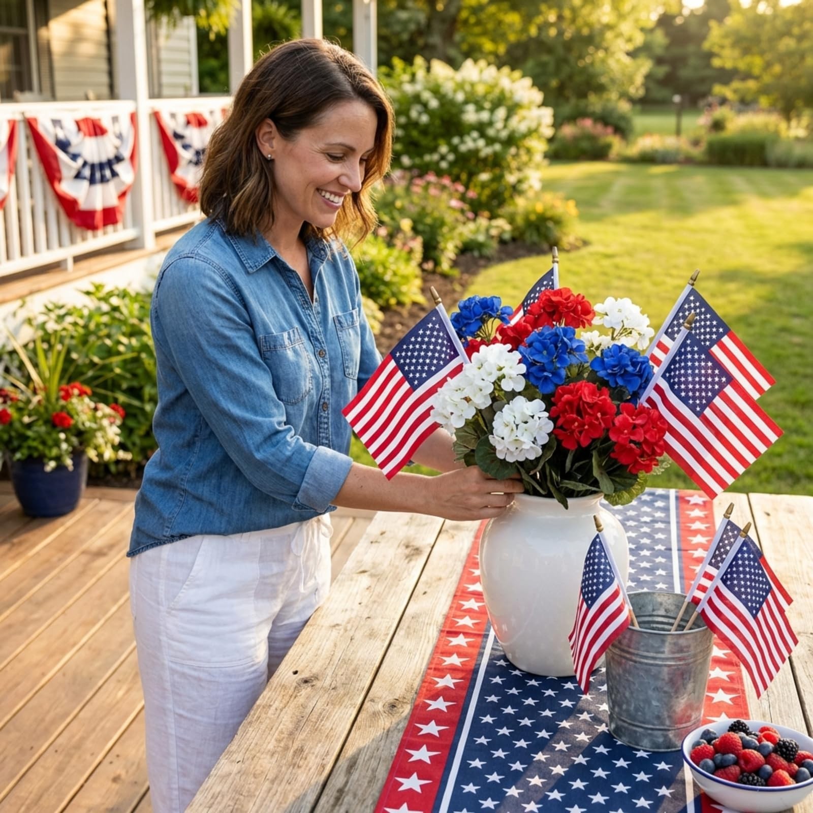 12 pcs Red White Blue Artificial Geraniums with Flag for Decoration