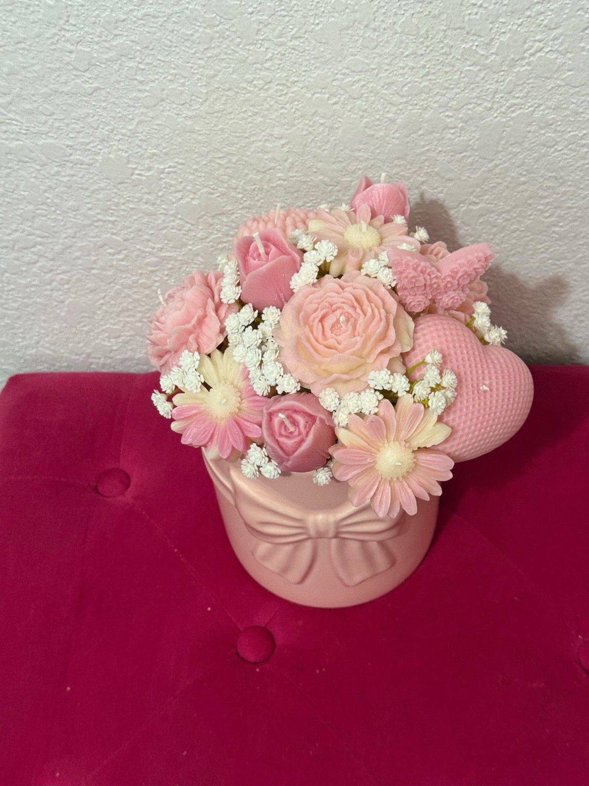 Artificial Pink & White Flower Centerpiece in Pink Bow Pot, Roses