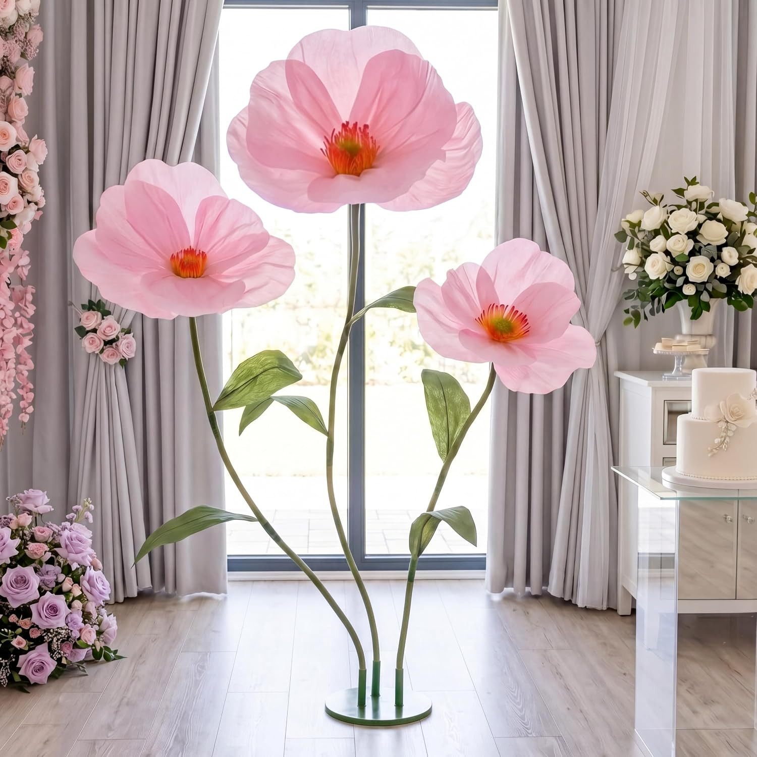 6Ft Pink Giant Flowers for Decoration with Stand, Large Artificial Poppy, Big Pa