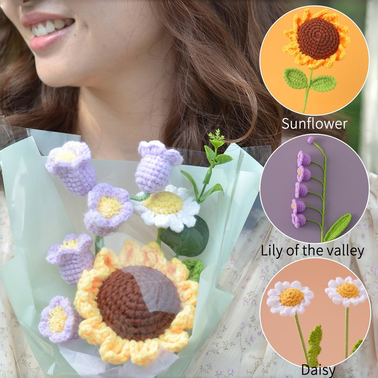Crochet Flowers Bouquet,Hand Knitted Sunflower Daisy Lily of The Valley,Etern…
