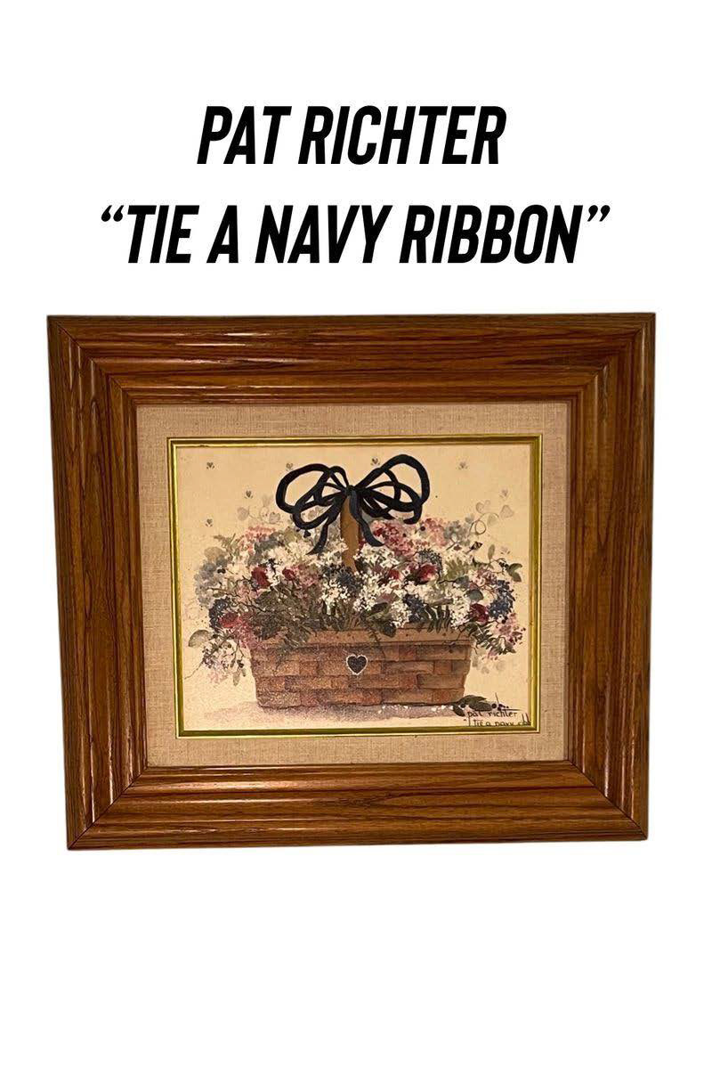 Pat Richter Tie A Navy Ribbon Framed Wall Art Vintage floral artwork wall decor