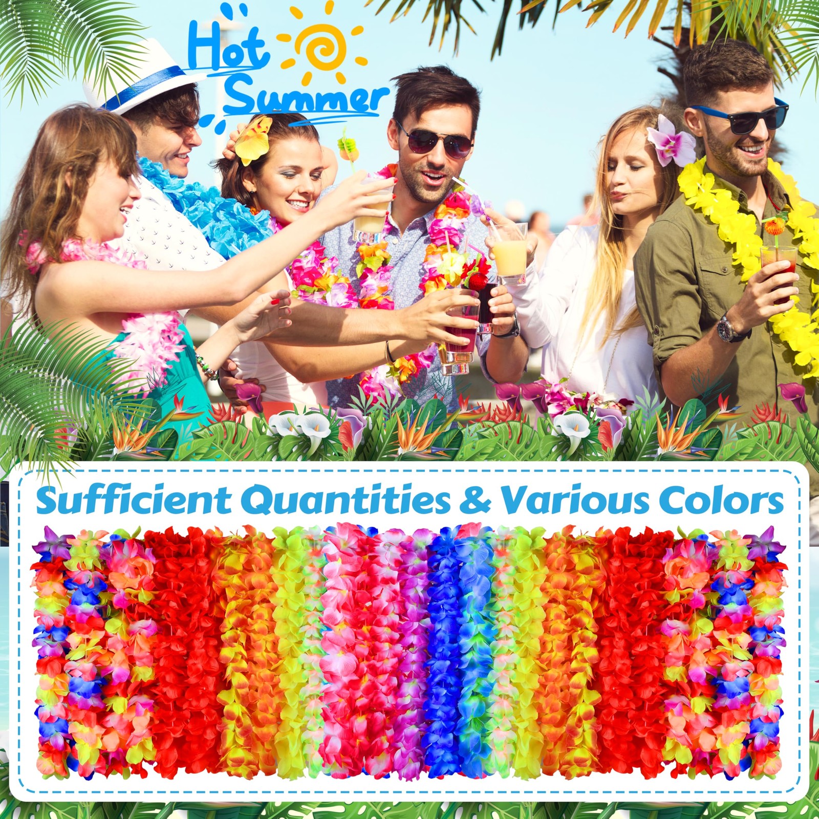 50 Hawaiian Luau Leis Bulk, Colorful Tropical Silk Flower Necklace, Hawaii Th…