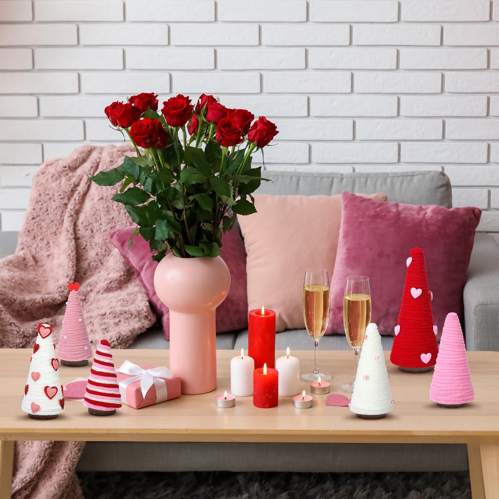 6 PCS Valentine Day Cone Tree Table Decor Mini Yarn Heart Pink Red White
