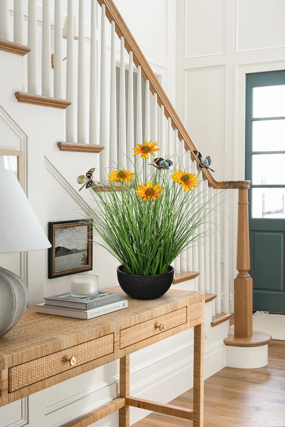 1 PCS 17.3 Inch Artificial Potted Plants Onion Grass Yellow Daisies Butterflies