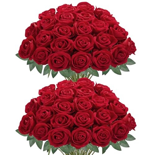 Pcs Roses Artificial Flowers, Fake Velvet Silk Rose Bulk Faux Flower 50 Red