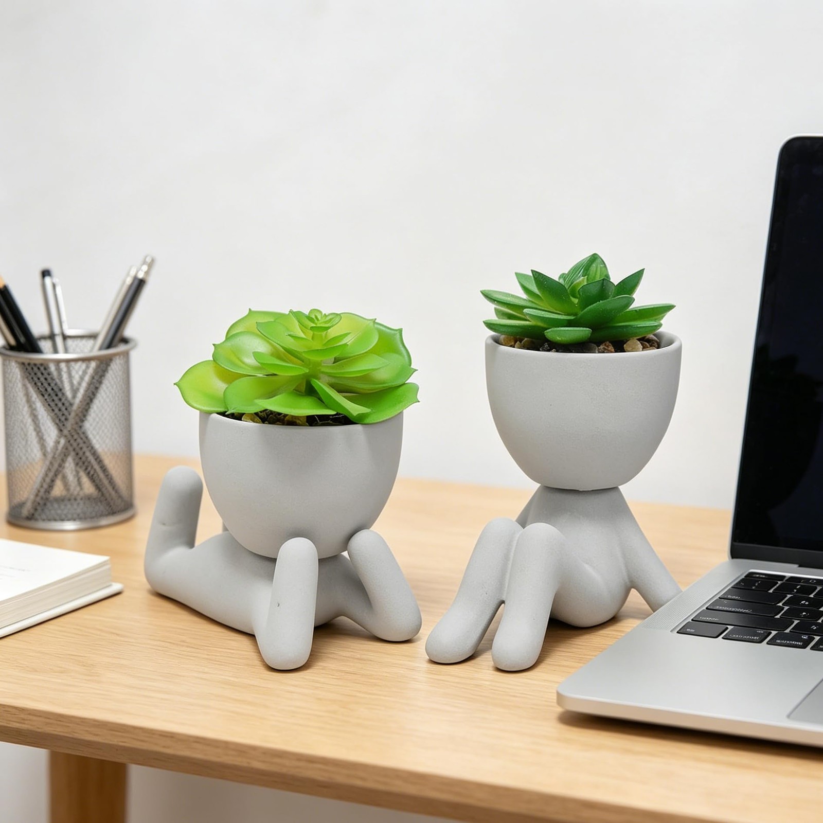Cute Artificial Succulent Plants Creative Human Shaped Pots Gray 2 PCS