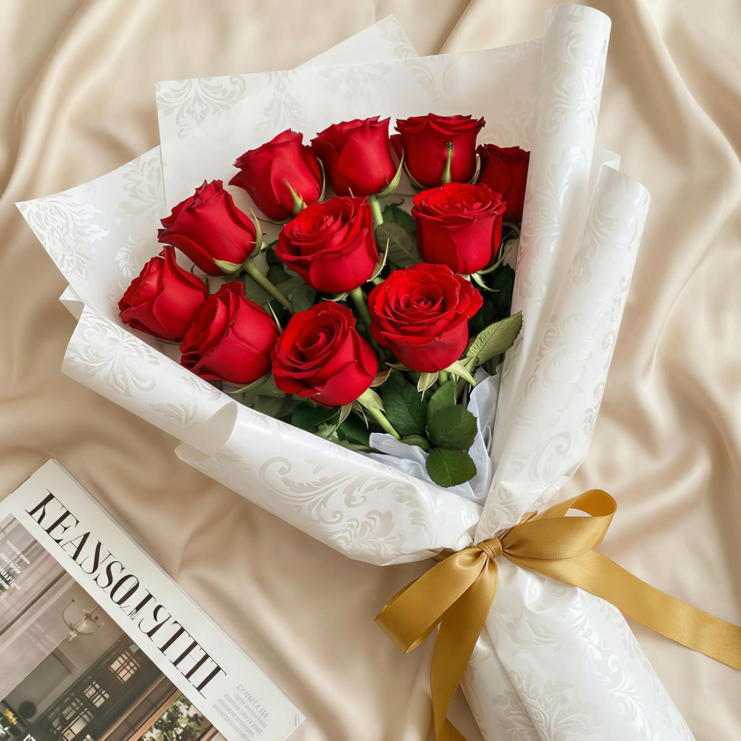 Classic Red Artificial Roses Flowers, Faux Long Stem Silk Roses Bulky for DIY We
