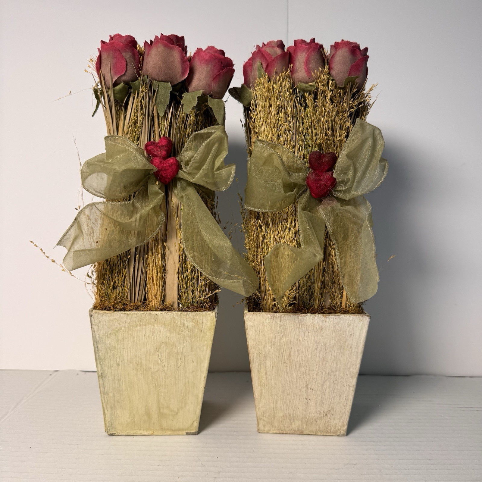Decorative Pair Of Rose Bud Bundles With Greenery And Wood Box Containers