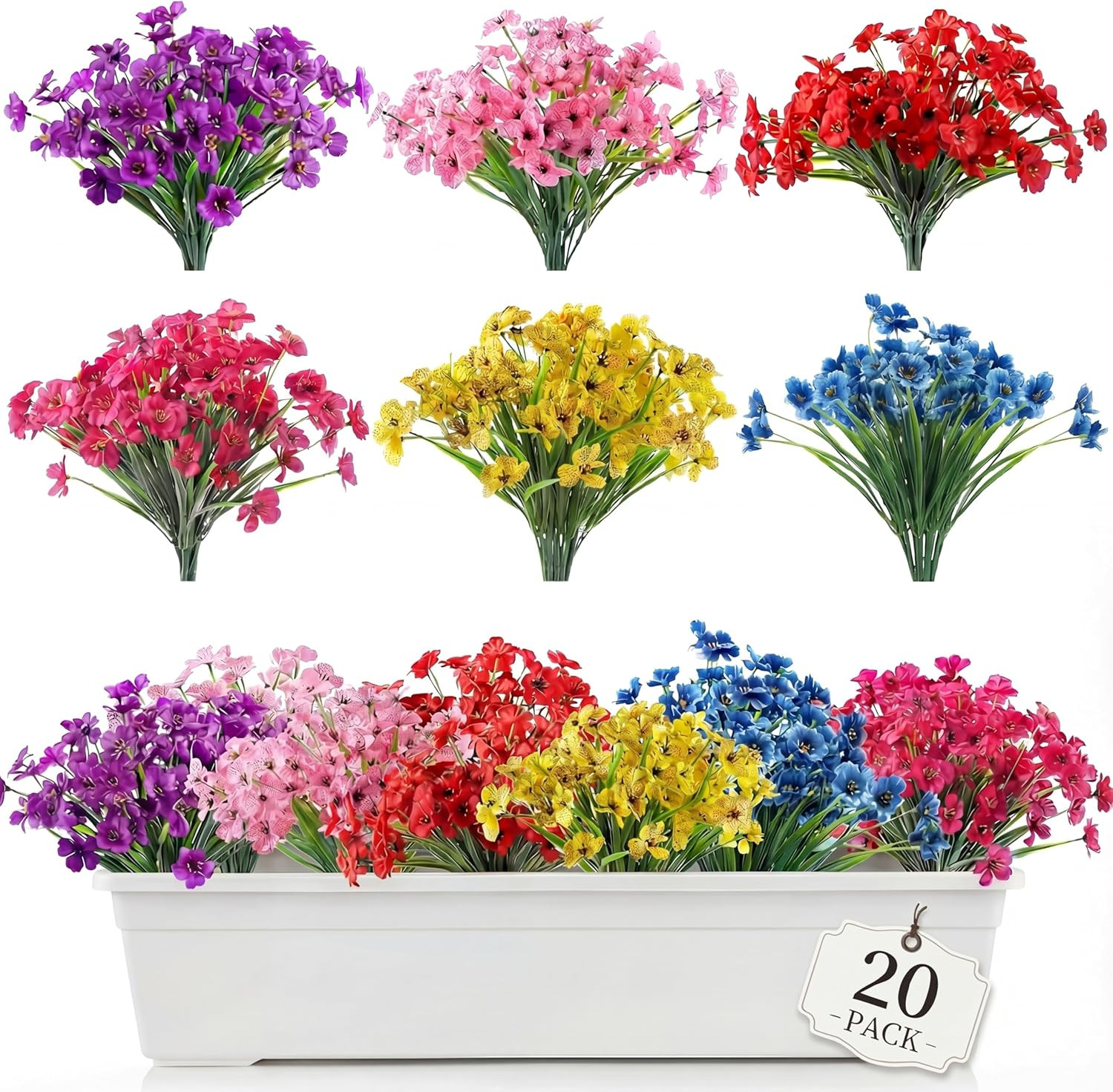 20 Bundles Outdoor Artificial Flowers UV Resistant No Fade Plastic Faux Plants