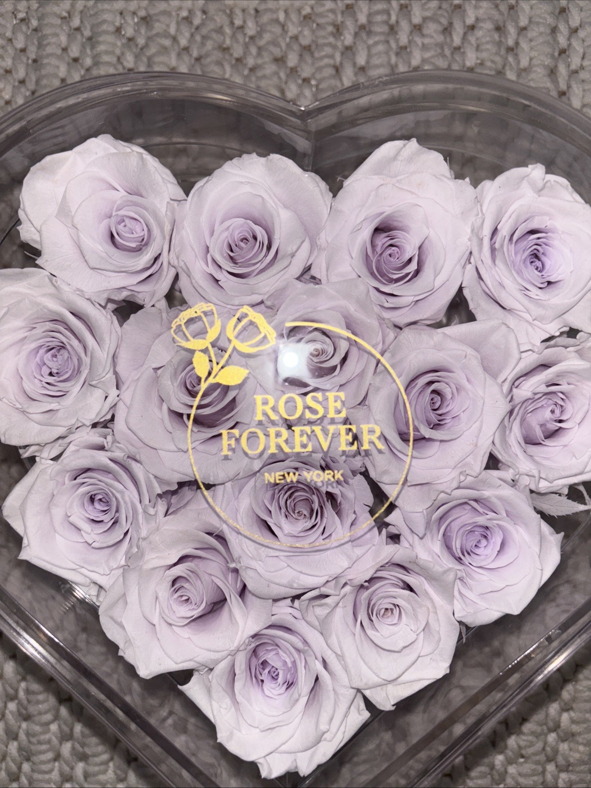 ROSE FOREVER OF NEW YORK~ Soft Violet 15 and a heart shaped clear box with lid