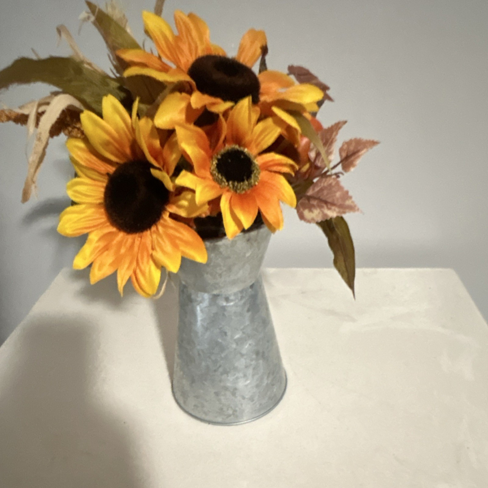 Artificial Sunflower Autumn Arrangement in Metal Vase, Yellow Orange Brown