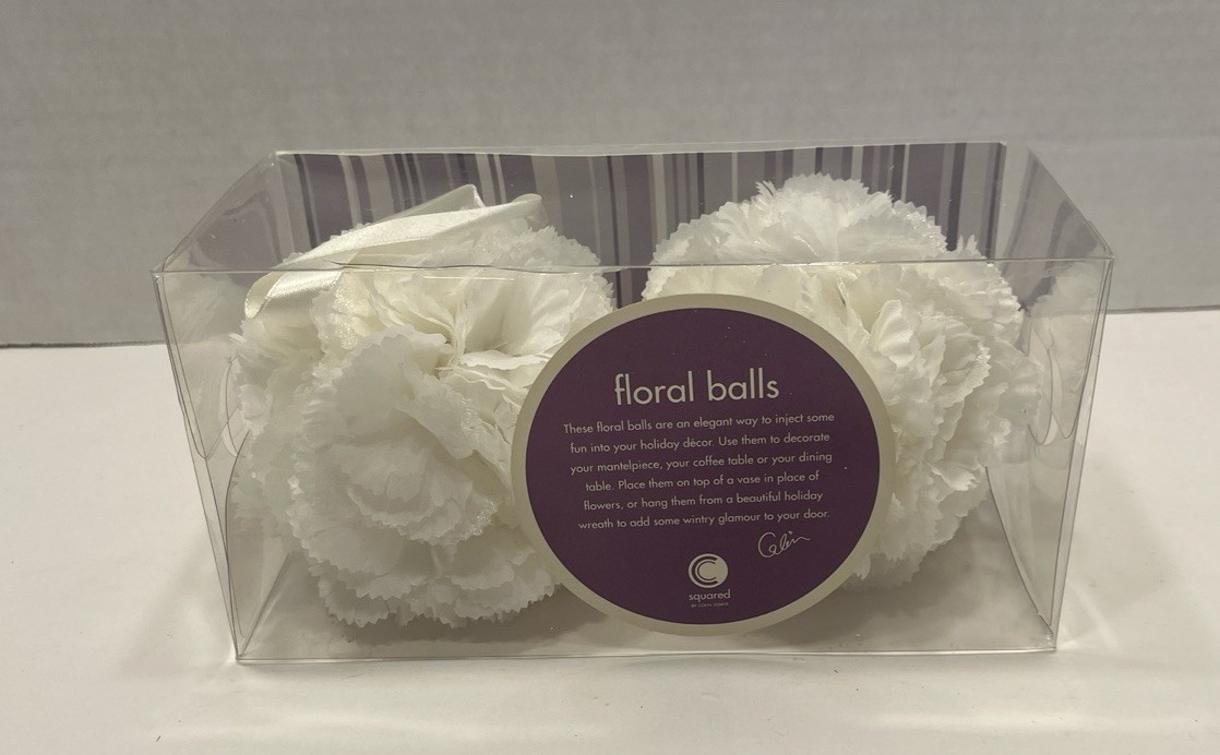 Squared By Colin Cowie Decorative White Floral Balls With Ribbon Hanger NOS