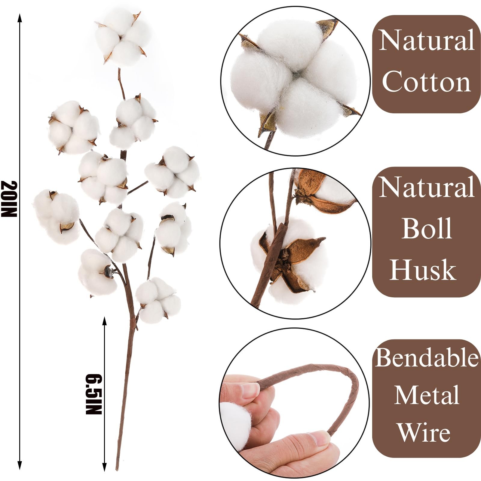 5 Pack Cotton Stems, 50pcs Cotton Flower Bolls, 20 Inch Cotton Branch, Natura…