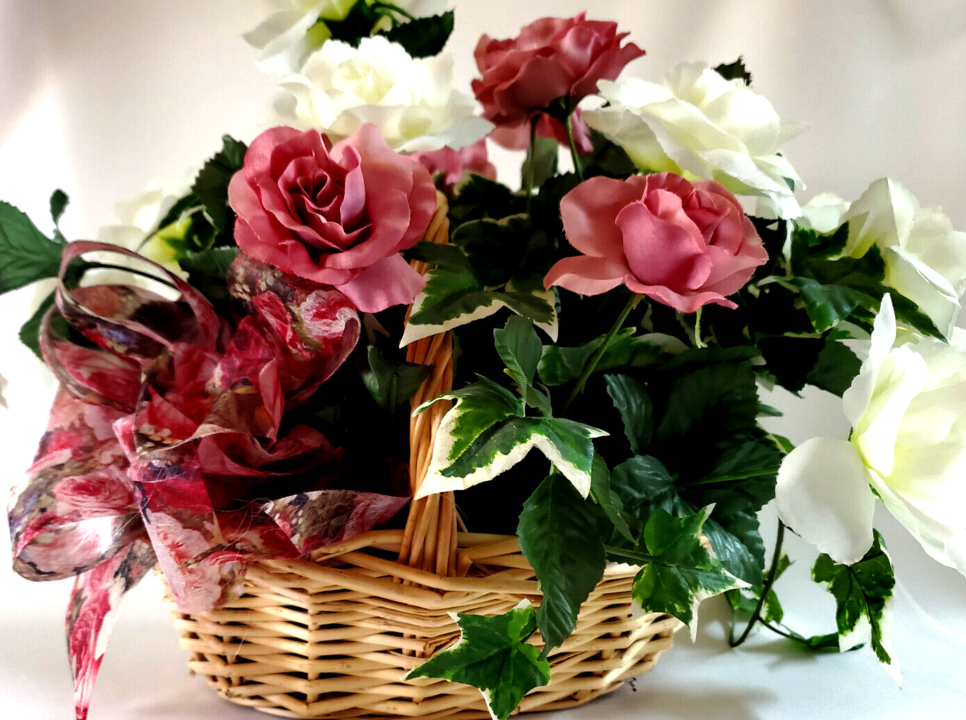 Fresh Spring Garden Pink & White Roses Silk Floral Arrangement in a Woven Basket