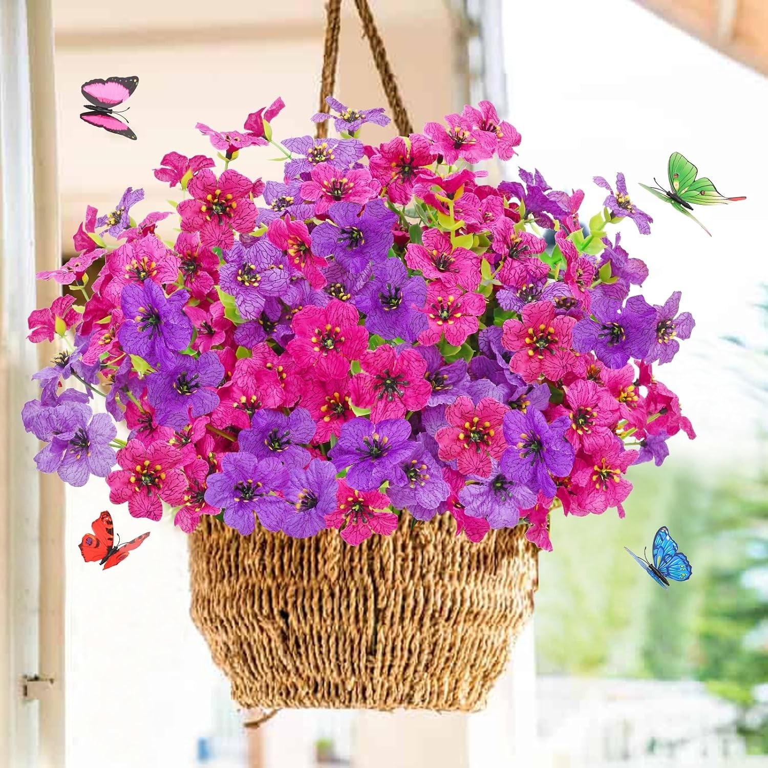 Vibrant 12 Bundles of Lifelike Fake Flowers for Outdoor Decor – Fuchsia/Rose Red