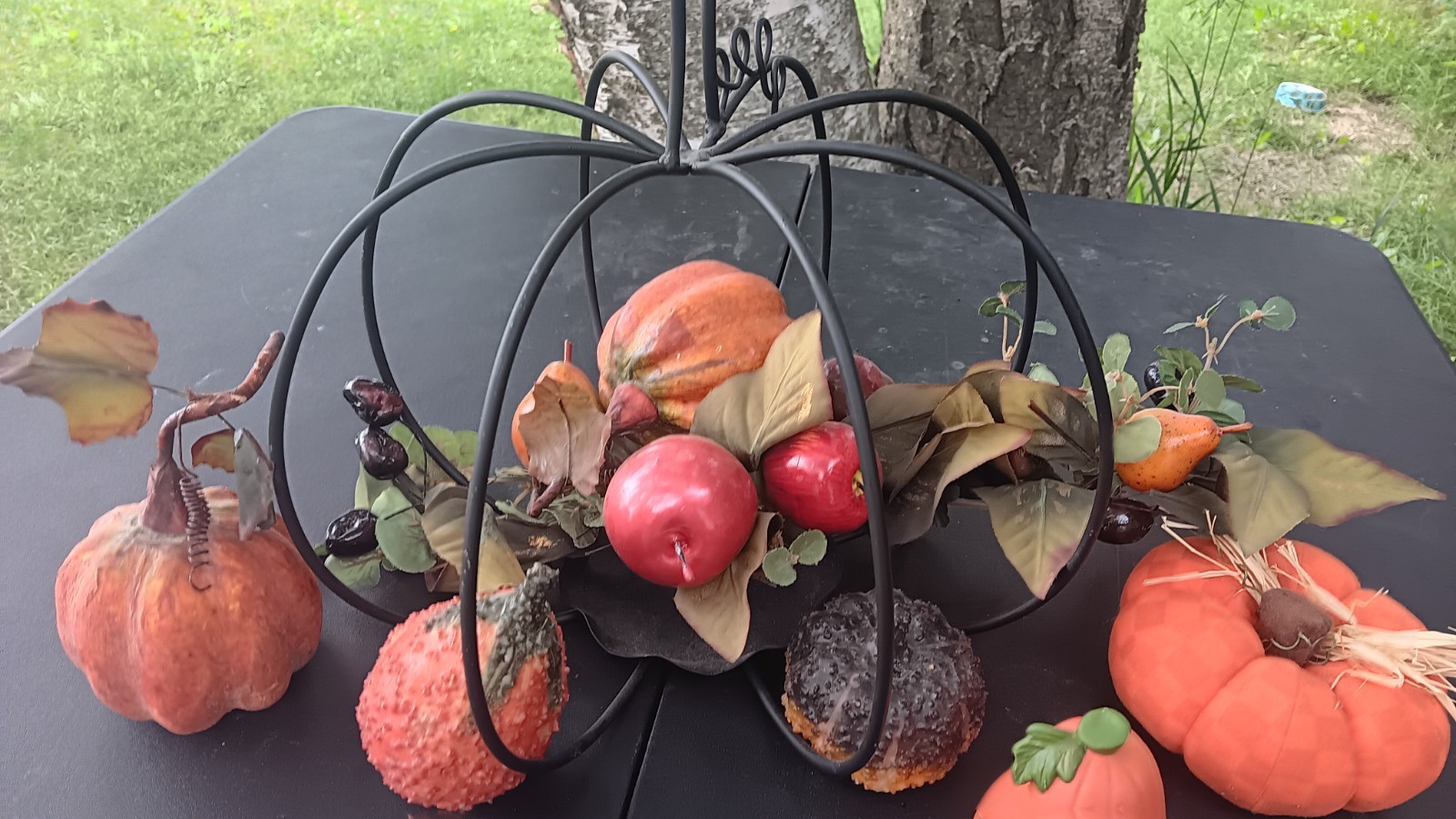Artificial Pumpkin Apple Centerpiece in Black Metal Frame Halloween 12×24″