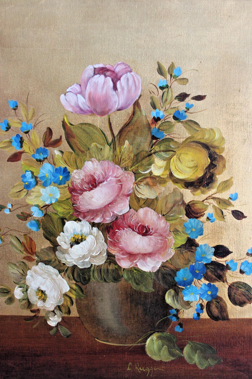 BIG GOLD GILT ORIGINAL OIL PAINTING STILL LIFE FLORAL MID CENTURY SIGNED CANVAS