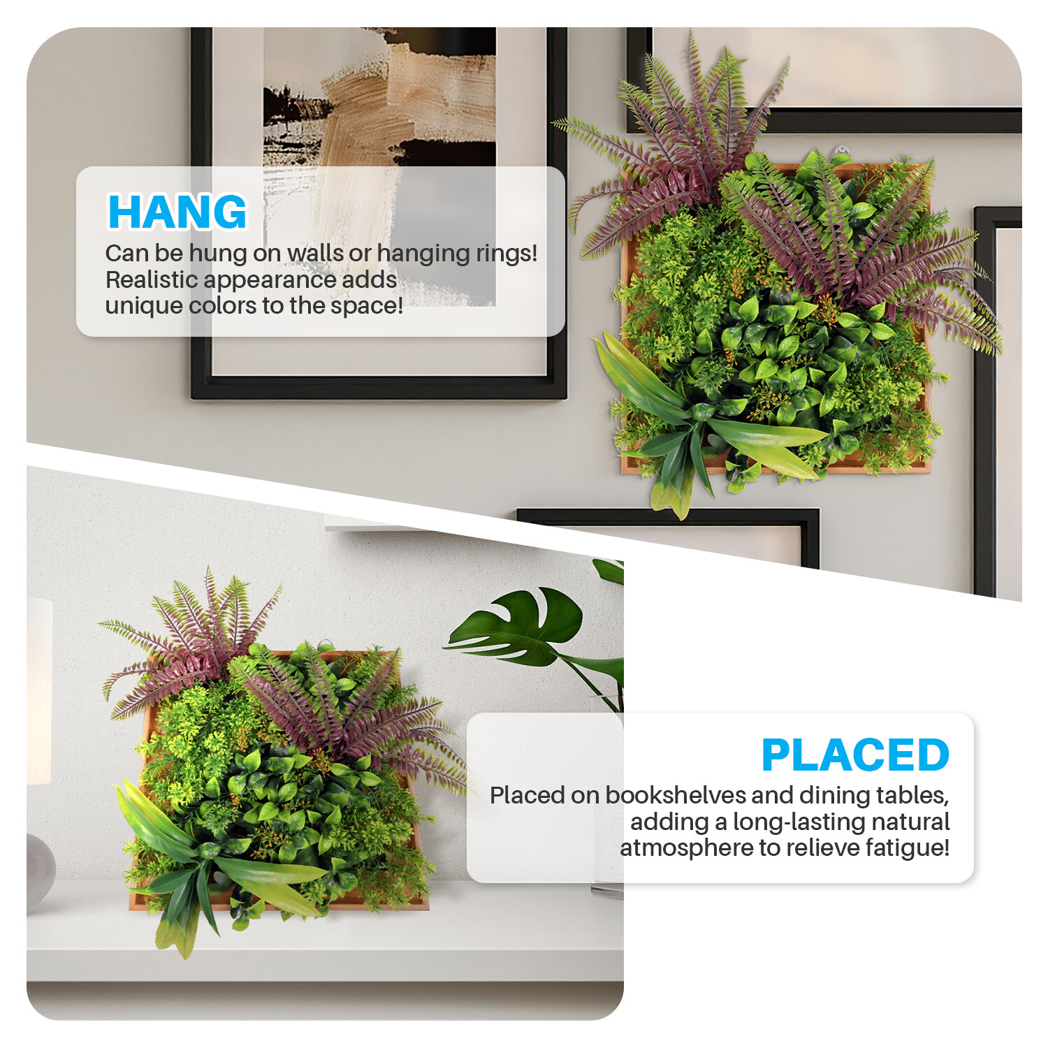 Artificial Plants Green Wall Decor with Square Wooden Frame 13in, Light Green