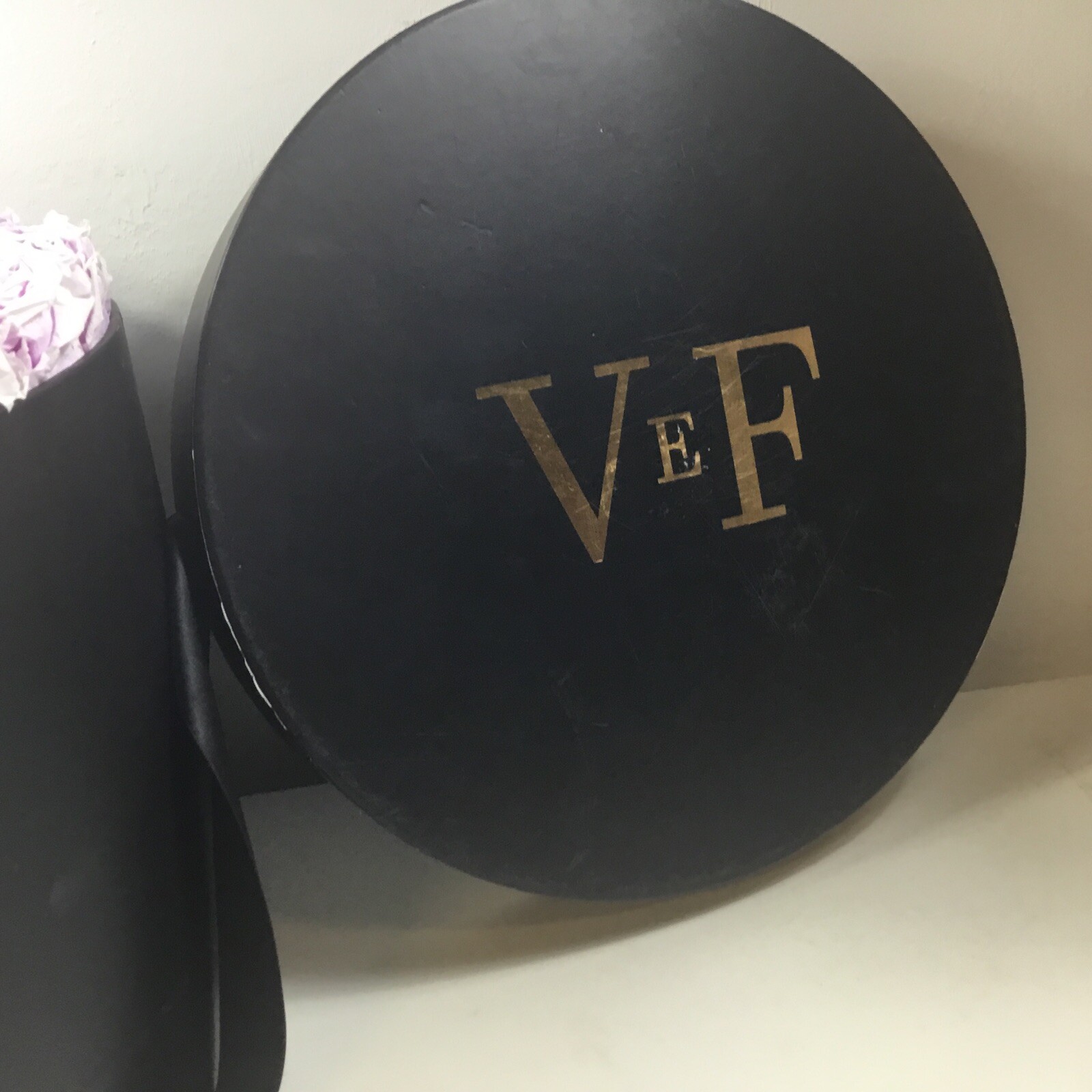 Venus Et Fleur Large Flower Box Black Gold Lettering Violet Roses9”tall 12”dia.