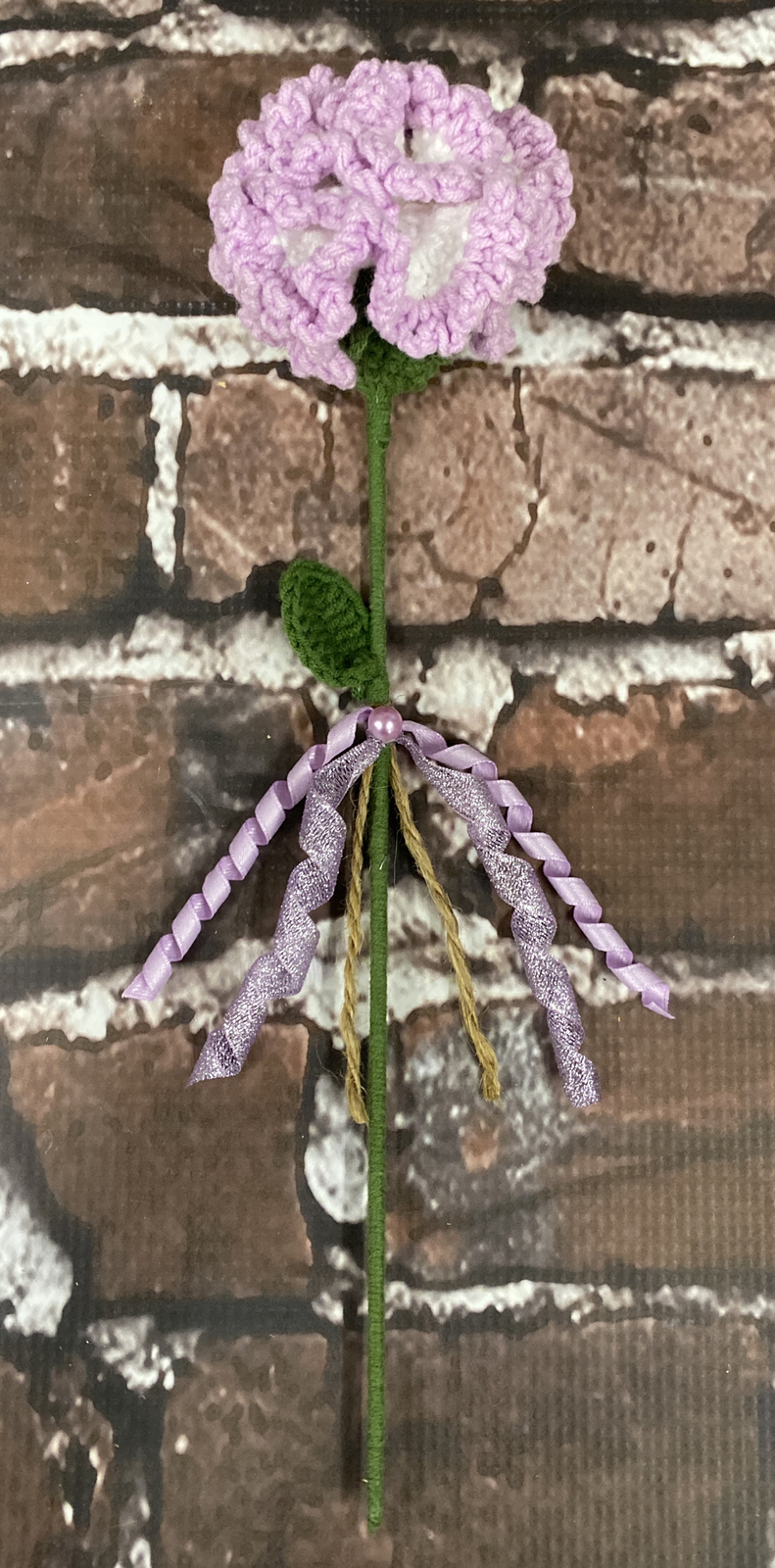 Handmade Crochet Knitted Flower Bouquet – Purple & White Carnation with Ribbon
