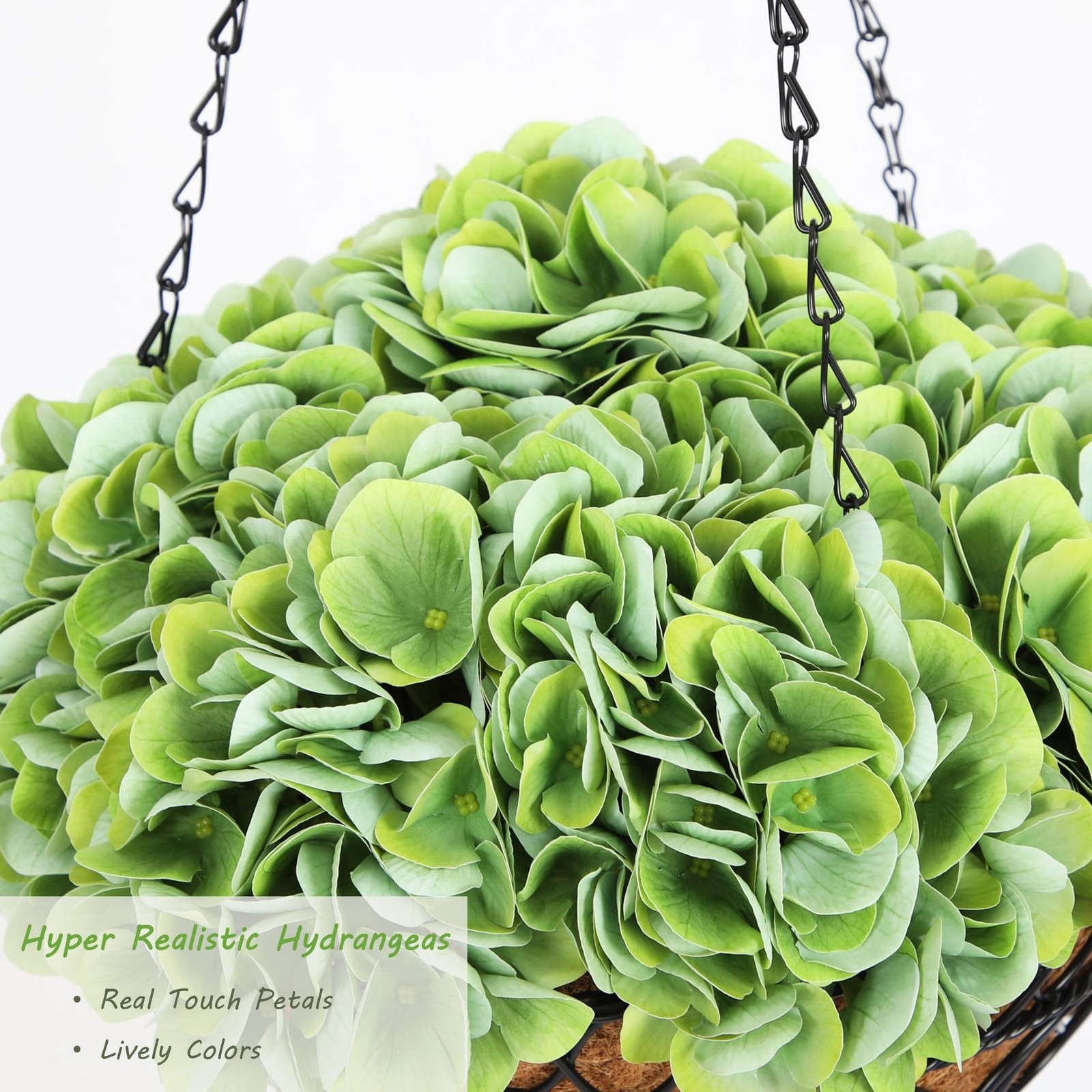 2 Pack Hanging Green Hydrangea Artificial Flowers with 11in Basket, Outdoor F…