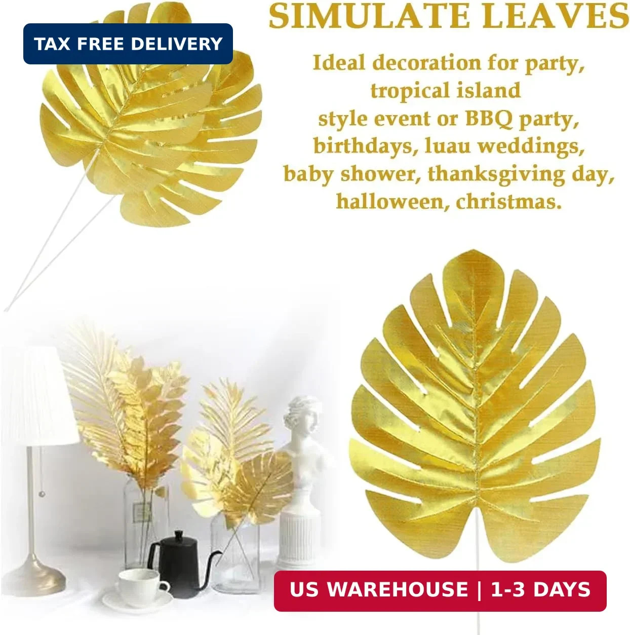12 Pieces Artificial Palm Leaves, Golden Faux Tropical Monstera Leaves for Safar