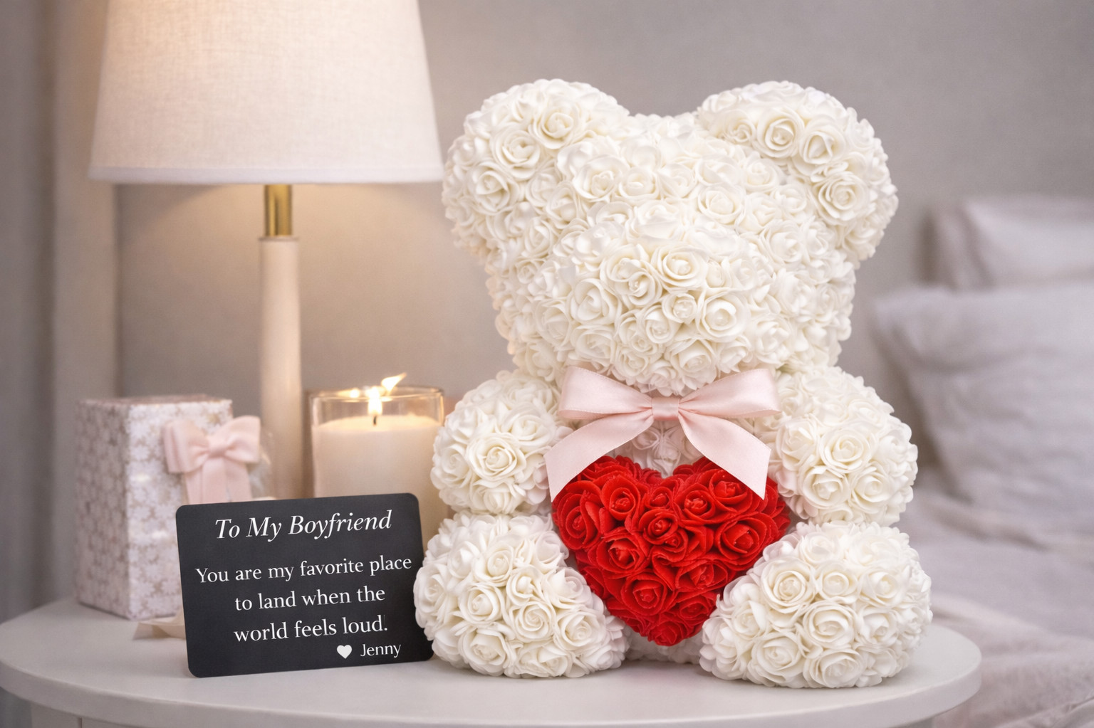 Rose Teddy Bear with Heart – Artificial Flower Bear Gift for Her, Romantic Valen