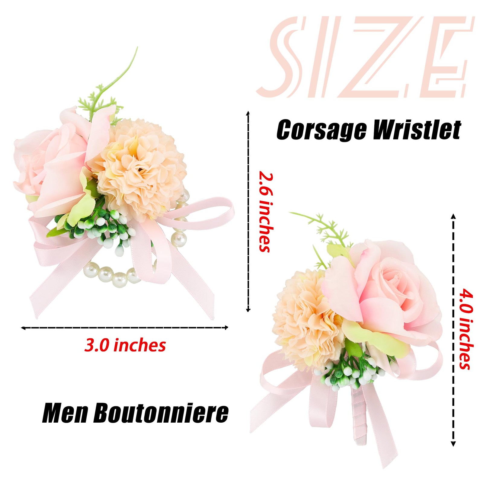2 PCS Pink Wrist Corsage Boutonniere Set Prom Wedding Flowers Accessories