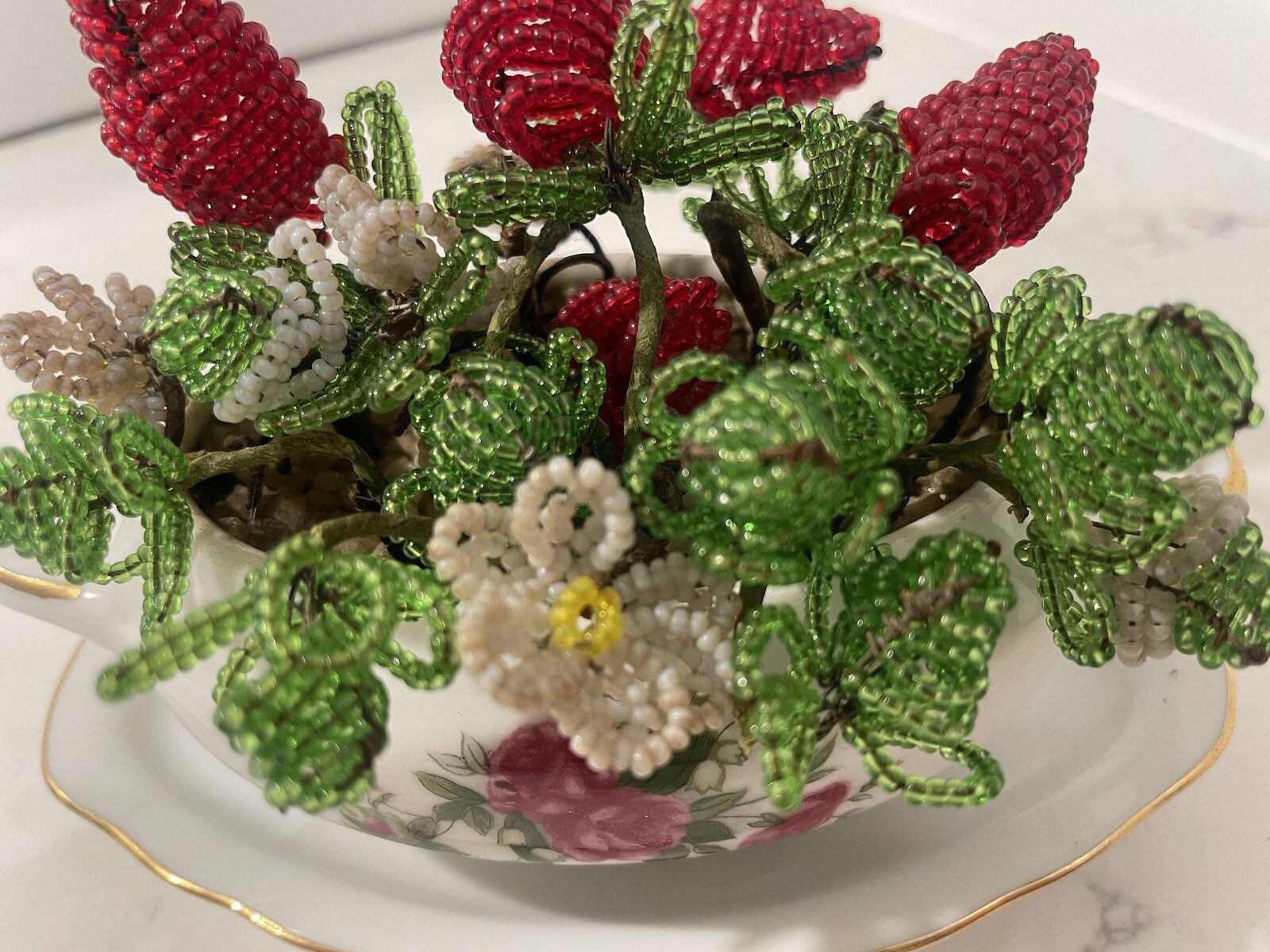 Vintage Seed Bead Arrangement In Royal Crown Mustard Porcelain Dish
