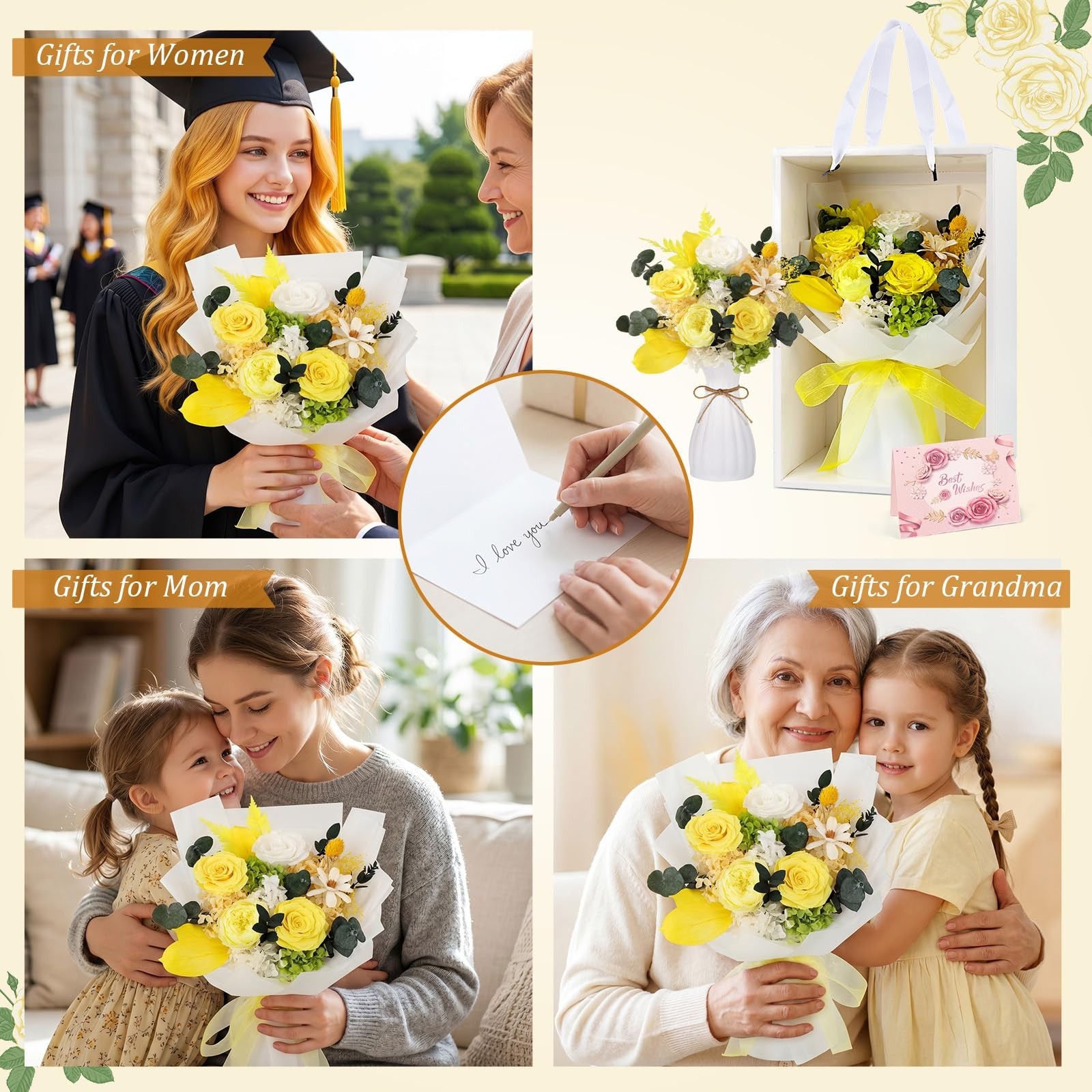TYL&TYS Preserved Flowers Bouquet Yellow Forever Roses 3-5 Years