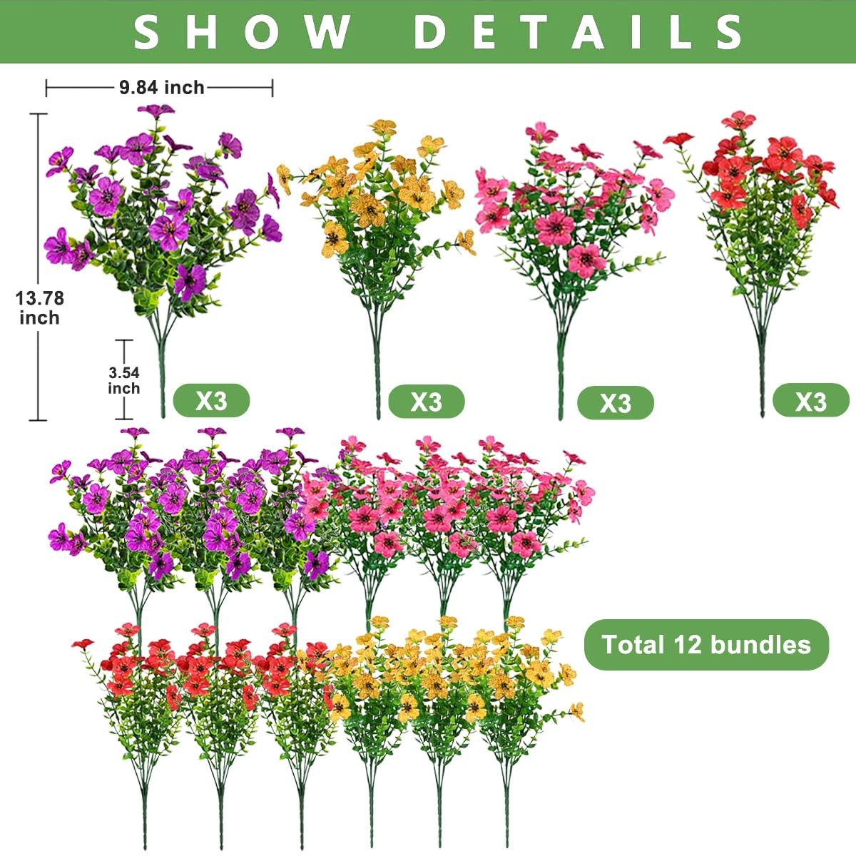 12 Bundles Artificial Flowers for Outdoor,4 Color No Fade UV Resistant Fake F…