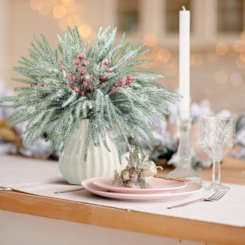 Christmas Snow Norfolk Pine Branches with Red Berry Stems, 60 Pcs Snowy B Style