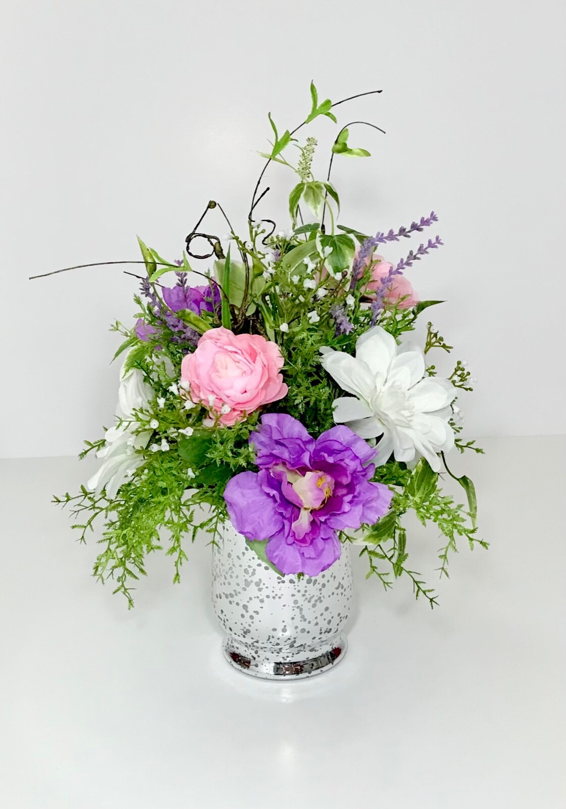 PINK PURPLE WHITE FLOWERS ARRANGEMENT MIRRORED GLASS VASE CENTERPIECE GIFT NEW