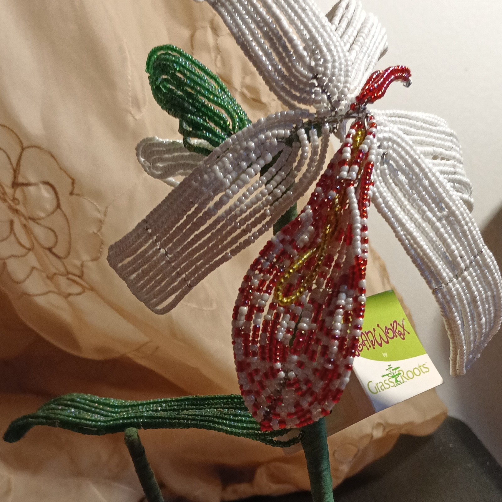 Beaded Artificial Lily Flower Stem Twig & Stem White/Red/Green Floral Stem