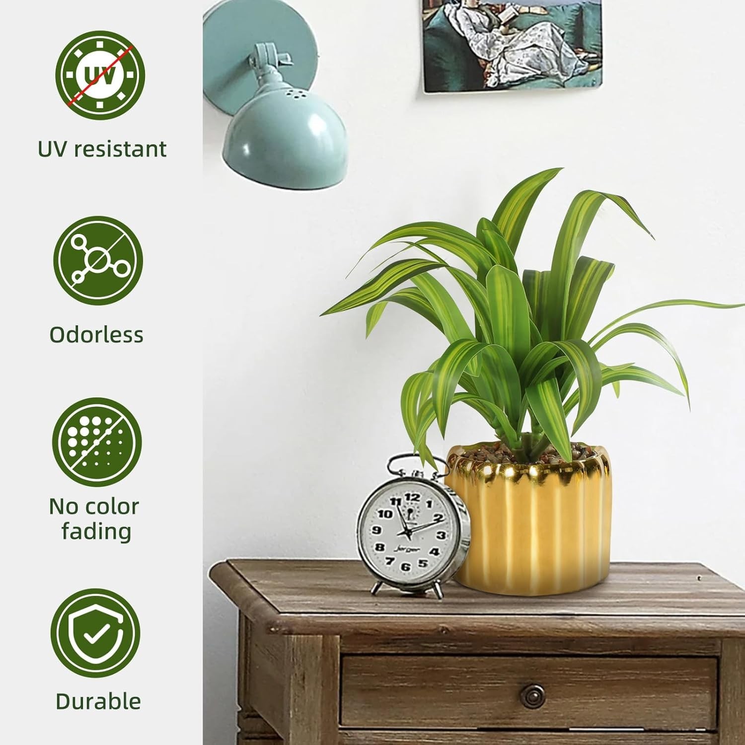 9″ Artificial Dracaena Plant with Textured Leaves Golden Ceramic Pot Realistic F