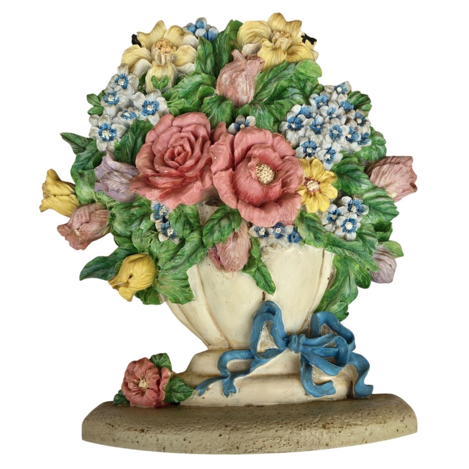 Vintage Flower Arrangement Doorstop Shabby Cottagecore Floral White Blue Ribbon