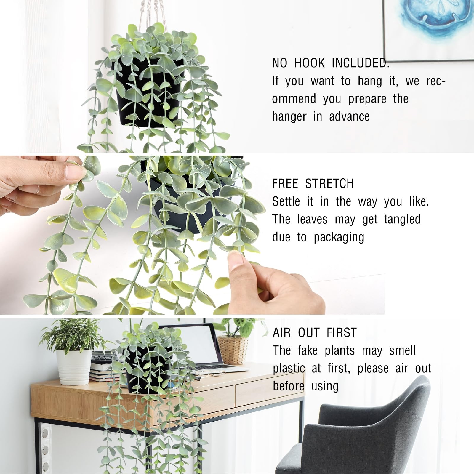 2Pcs Fake Hanging Plants with Pot Light Green Eucalyptus Leaves UV Resistant …