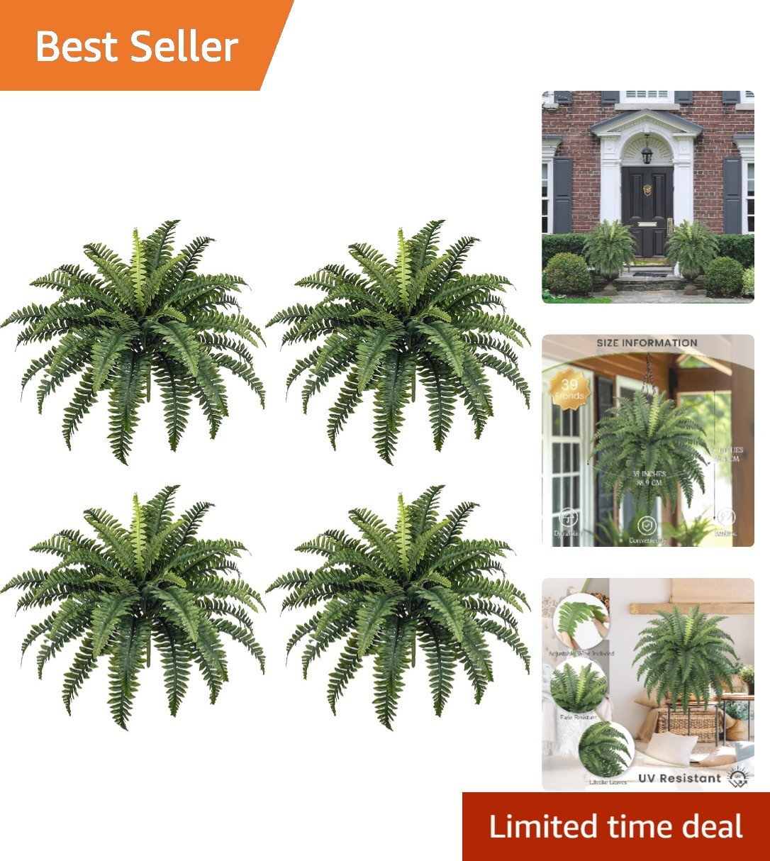 Vibrant 35″ Faux Boston Ferns – 4 Pack for Stylish Home & Garden Decor