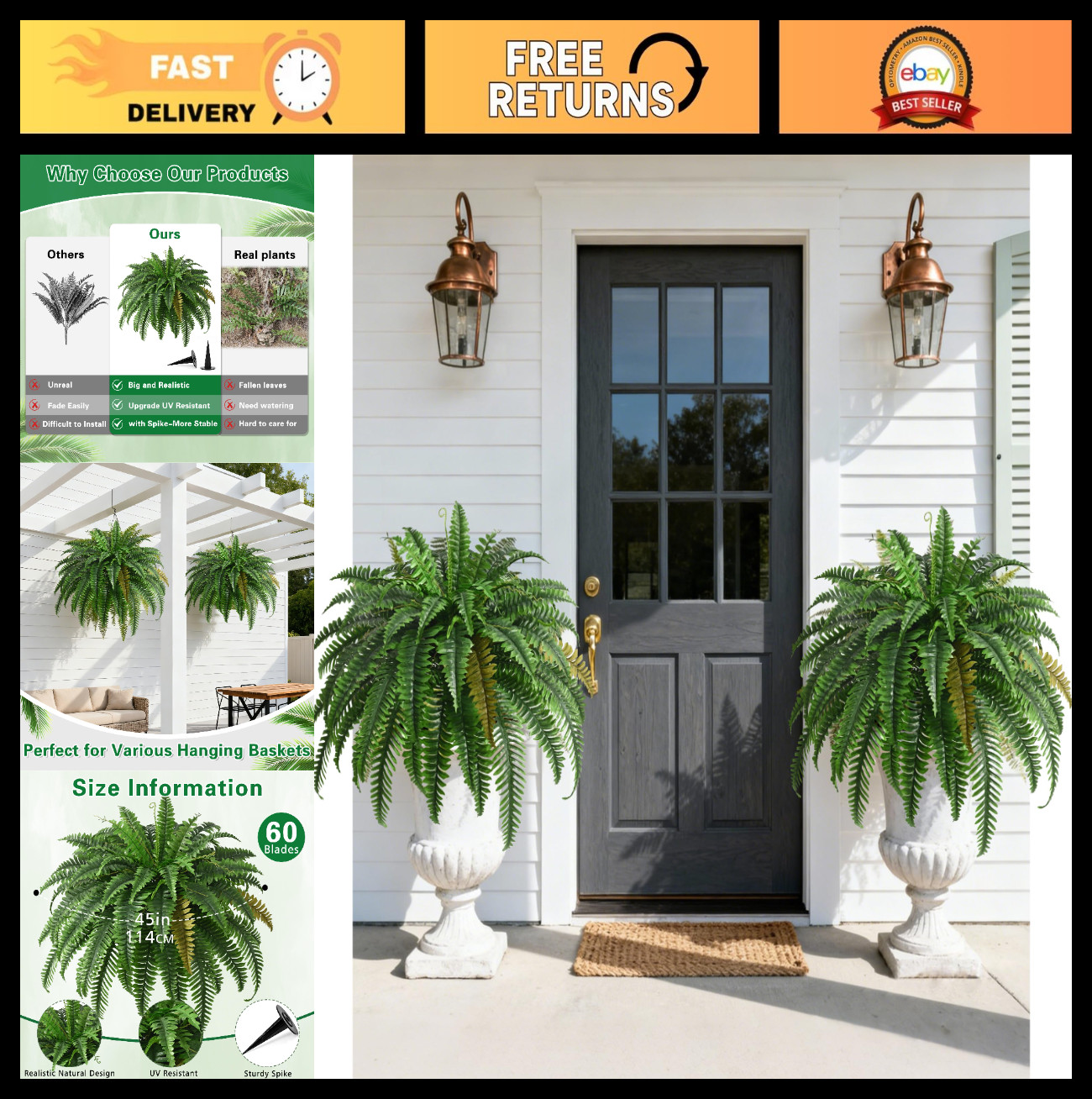 2PCS 45in UV Resistant Fake Ferns – Large Faux Boston Plants for Outdoor Decor,