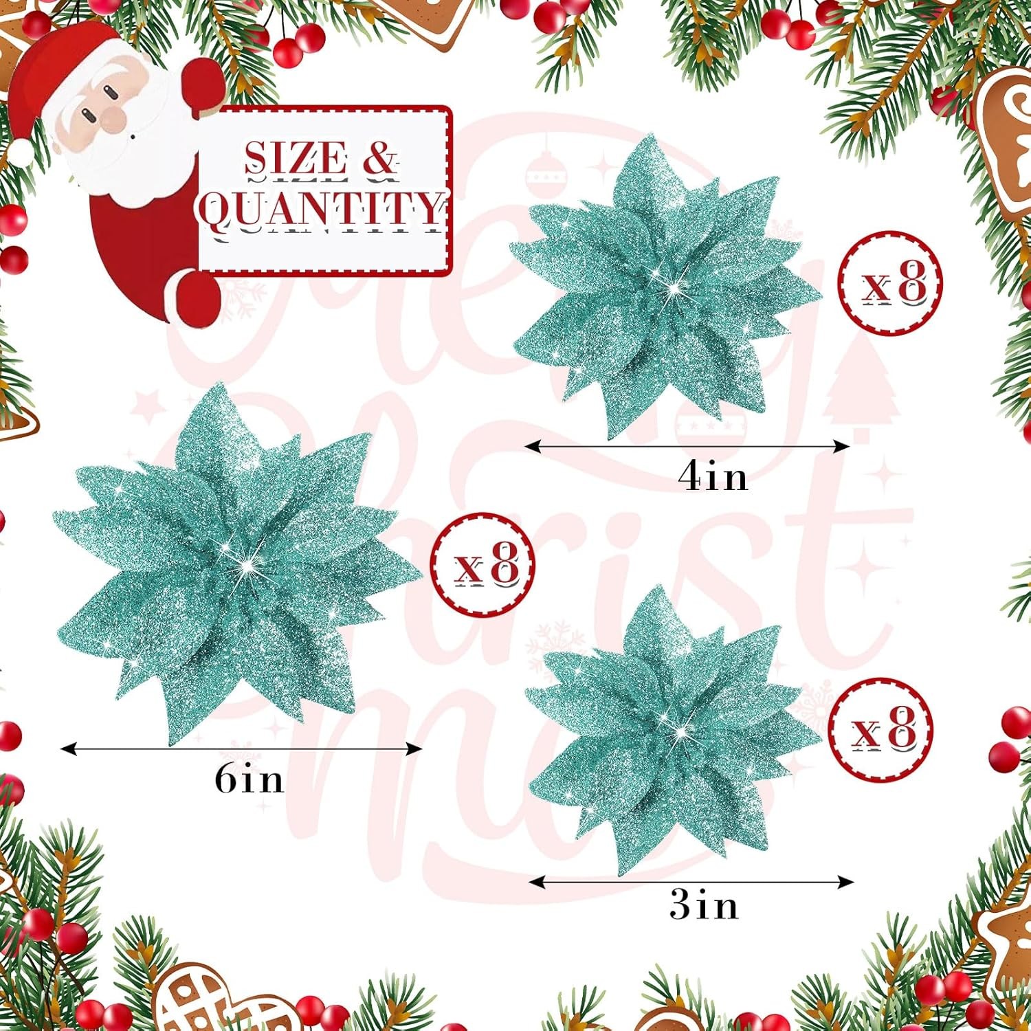24 PCS Blue Green Glitter Poinsettia Clip-On Ornaments Christmas Tree Decor
