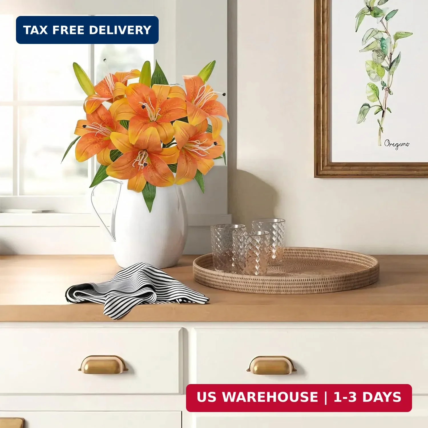 Oairse Artificial Tiger Lily Silk Flowers – 3 Pcs Faux Lily Flower 14.9″ Fake Li